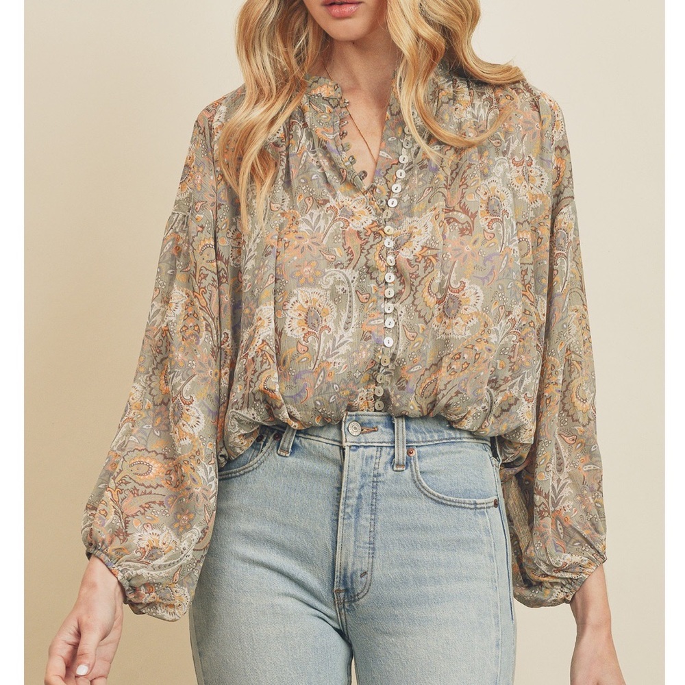 Paisley Sage Button-Down Blouse